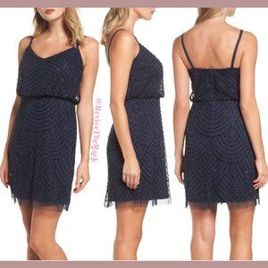NEW Adrianna Papell Beaded Mesh Blouson Dress in Navy/Black [SZ‎ 12 ]